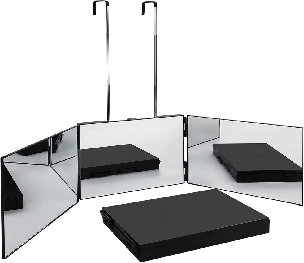 S Travel Portable 360 Trifold Vanity Makeup Mirror with Height Adjustable Telescoping Hook for Hair Self Cutting Fordable Mirror