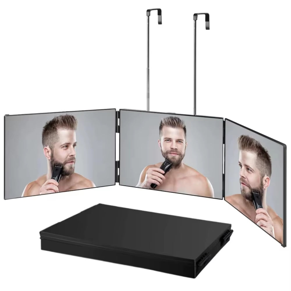 S Travel Portable 360 Trifold Vanity Makeup Mirror with Height Adjustable Telescoping Hook for Hair Self Cutting Fordable Mirror